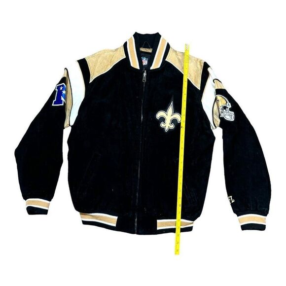 New Orleans Saints NFL Varsity Jacket Medium Black Gold Suede VTG Full Zip SEE - Picture 8 of 12